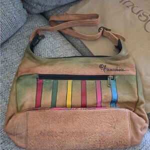 Anuschka hand painted striped purse with flowers Shoulder Bag